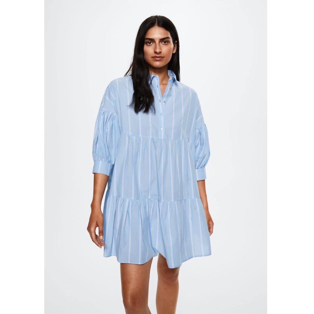 MNG Blue Striped Tiered Mini Dress Small